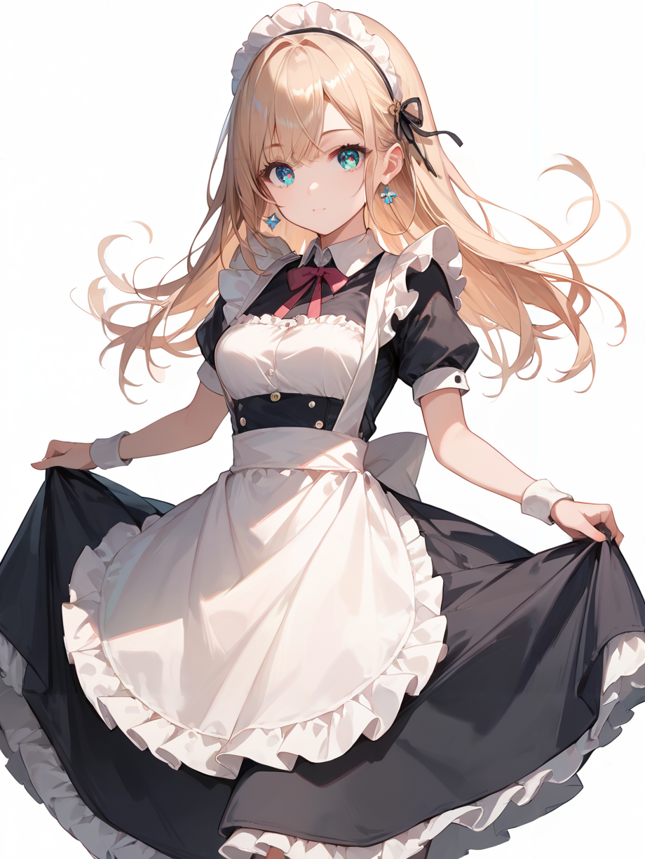 score_9, score_8_up, score_7_up,source_anime, high res image,masterpiece,best quality,(girl:1.0),cute face,clear skin,shiny hair,ultra detailed eyes,simple background,maid dress,apron,miniskirt