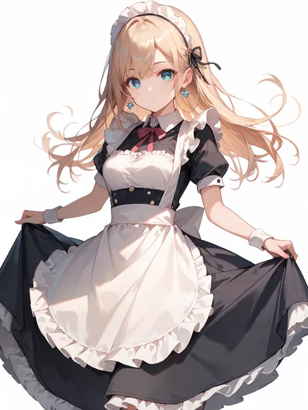 score_9, score_8_up, score_7_up,source_anime, high res image,masterpiece,best quality,(girl:1.0),cute face,clear skin,shiny hair,ultra detailed eyes,simple background,maid dress,apron,miniskirt