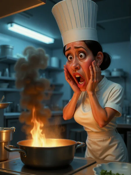 portrait caricature of an animated woman chef, she is desperate and is screaming with hands on her face because her pot is burning and emitting a cloud of thick black smoke. She's looking down at the fire, brows extremely raised with a terrified expression, her black hair tied in a low bun, she's wearing a tall chef's hat on her head. She's seen from profile. The background is a full-accessorized restaurant kitchen illuminated by blue neon lights <lora:3d_caricature_Strong:0.9>