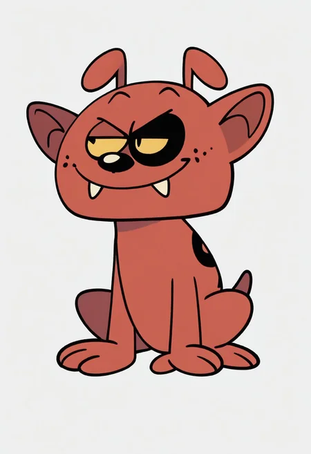 (score_9 | score_8_up | score_7_up) ((masterpiece:1))(best quality,very high quality,ultra detailed:1.2) (2D,cartoon style,anime style)(Smooth:2)(clean blurring) (four fingers on each hand,one thumb on each hand:1), charles, dog, all fours, black spot on left eye, impish, demon, red skin, small pointed nose, pointed tail, yellow eyes, slit pupils, two small horns, two large curved horns on sides of her head, pair of deformed fangs, smug, full body