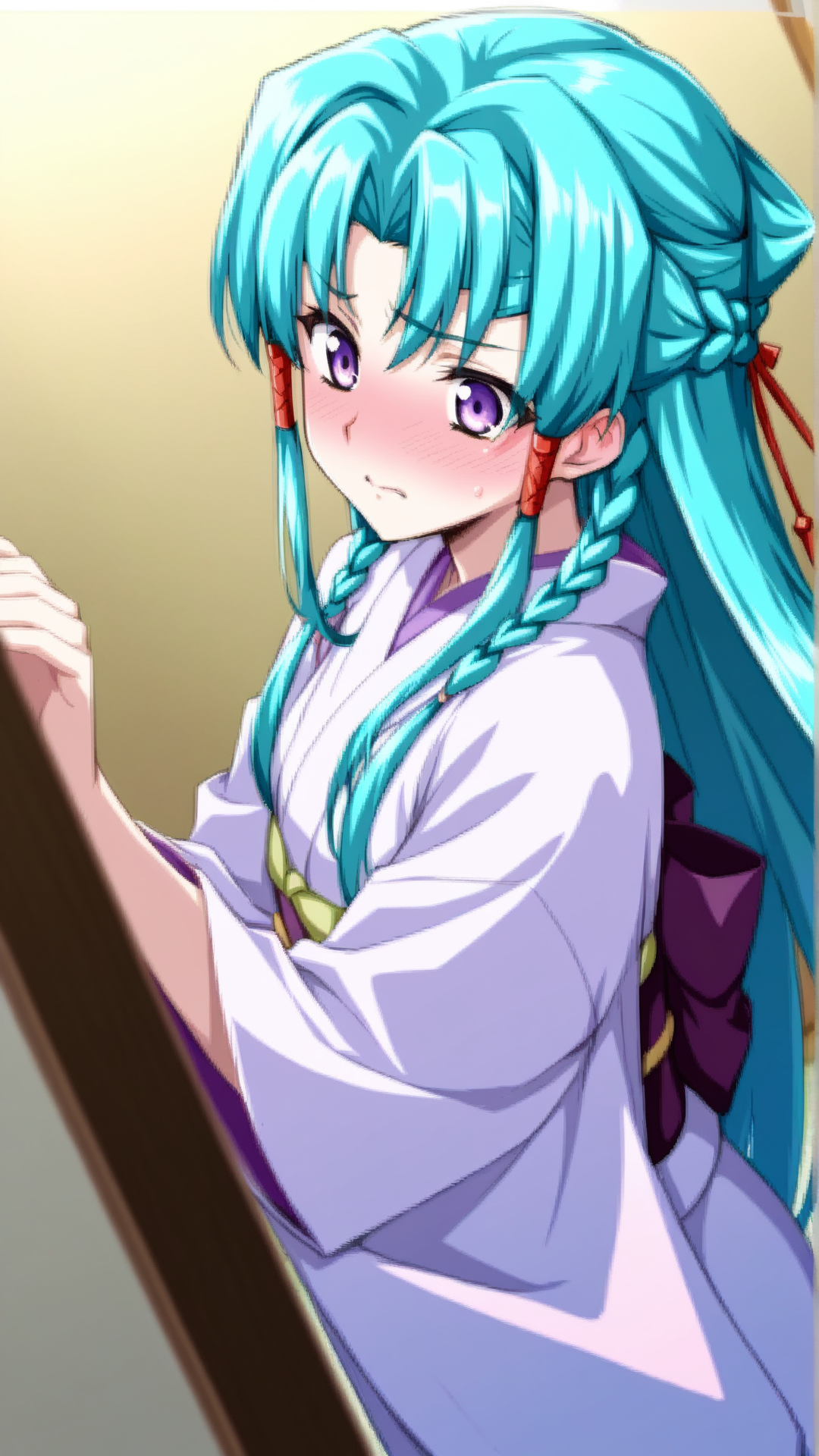 source_anime, general, best quality, masterpiece, 1girl,  <lora:shana_mia_ill_v1.0:1.0> shana_mia\(srw\),purple eyes,long hair,braid, very long hair,aqua hair, hair tubes, Japanese Kimono, flustered, (embarrassed:0.7),  dynamic pose, dutch angle,