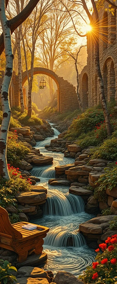 <lora:nule-flux-lora-E4.safetensors:1> nule style
In the heart of an ancient, overgrown garden, the ruins of a once-grand estate stand as a testament to time's relentless passage. The golden rays of a setting sun filter through the leafless birch trees, casting a warm, ethereal glow over the scene. The birches, with their slender, white trunks, line the banks of a tranquil river, their reflections shimmering on the water's surface. The air is filled with the scent of earth and the subtle fragrance of wildflowers blooming in the crevices of the crumbling stone walls.
Amidst the ruins, a small, intricately carved bench sits beside the river, its weathered wood softened by the years. A delicate handkerchief, embroidered with a single rose, lies folded on one end. The bench is the perfect spot for two loves to share a tender moment, away from the world's chaos. The sun's glow bathes the scene in a golden hue, making the moment feel suspended in time.
Nearby, a gentle waterfall cascades into a pool, its soothing sound a harmonious backdrop to the quiet whispers of the lovers. A love letter, partially hidden in a nook of the stone wall, adds a touch of romance and mystery. The soft light from a lantern hanging from a nearby branch casts shadows that dance along the ancient stones, enhancing the sense of intimacy and connection.
The interplay of the aged, weathered ruins and the vibrant, living elements creates a timeless beauty, where the past and present blend seamlessly. The scene is a sacred, private space, where the world seems to fade away, and only their love remains.