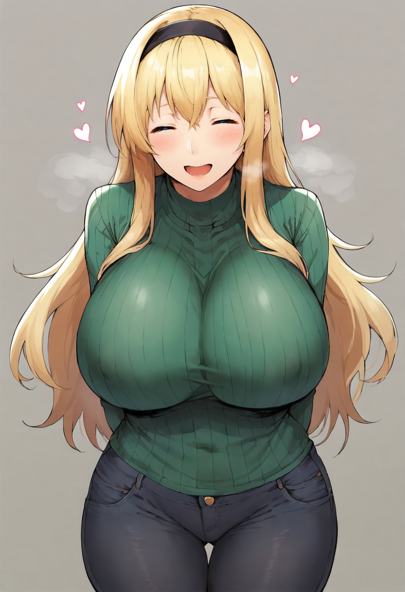 score_9, score_7_up,  1girl, 
huge breasts, wide hips, thick thighs, turtleneck sweater, ribbed sweater, open mouth, sweater, blonde hair, heart, turtleneck, closed eyes, blush, genderswap \(mtf\), arms behind back, blue eyes, shirt, breasts, hairband, genderswap, long hair, smile, long sleeves, pants, solo, sweater vest, :d, black hairband, thighs, black pants, denim, jeans
 <lora:syatey-Style-PonyXL-GLoRA-000047:1>