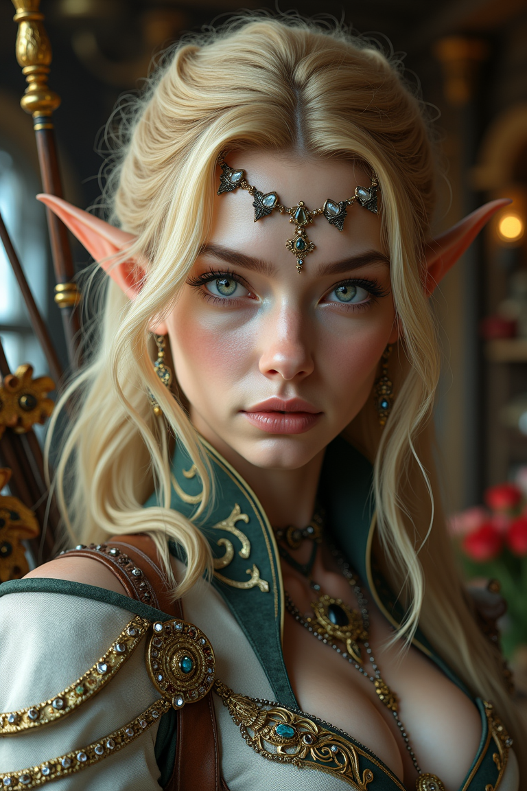 A close-up shot of a female elven archer with golden hair cascading over her shoulders, silver eyes that reflect wisdom and strength, and pale gray-white skin. She wears meticulously detailed attire, adorned with luxurious accessories and exquisite jewelry that highlight her noble origins. Her sharp eyes and determined expression convey an aura of unwavering focus. The setting is a richly decorated weapon shop, filled with finely crafted weapons and ornate artifacts. The scene is captured in a hyper-realistic, dreamy fantasy style, with enhanced sharpness and vibrant details that bring out the elegance and intensity of the character.