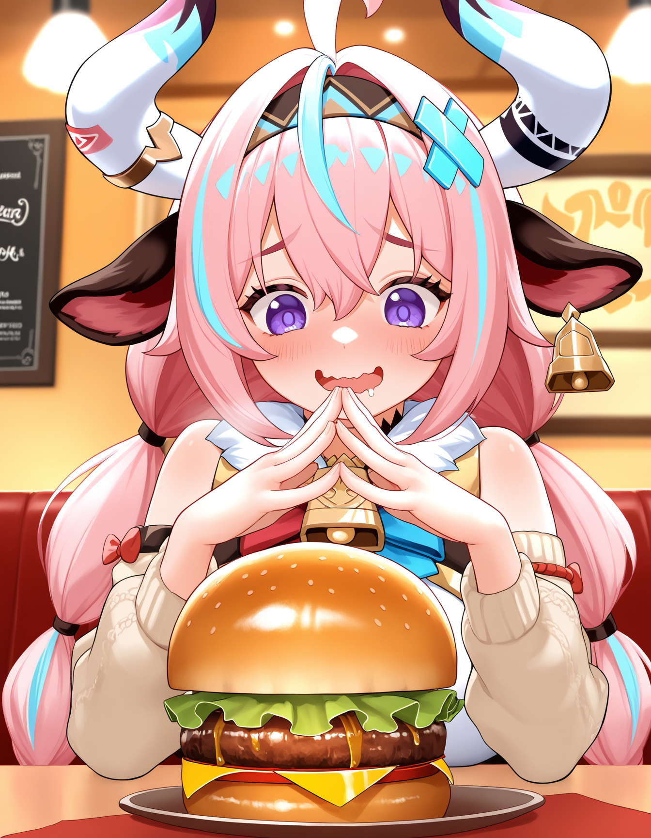 1girl, masterpiece, solo, varesa \(genshin_impact\), hairband, cow girl, cow horns, purple eyes, open mouth, wavy mouth, raised eyebrows, blush, pink hair, long hair, twintails, steepled fingers, upper body, burger, restaurant, indoors, saliva, smile, looking down, two-tone hair, cowbell,