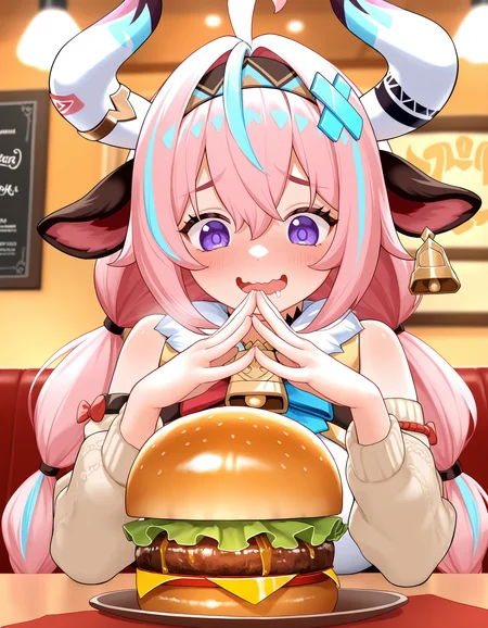 1girl, masterpiece, solo, varesa \(genshin_impact\), hairband, cow girl, cow horns, purple eyes, open mouth, wavy mouth, raised eyebrows, blush, pink hair, long hair, twintails, steepled fingers, upper body, burger, restaurant, indoors, saliva, smile, looking down, two-tone hair, cowbell,