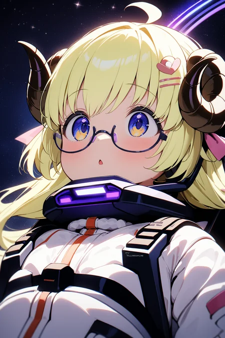 1girl, tsunomaki watame, hololive, masterpiece, best quality, very aesthetic, absurdres, intricate detail, sheep horn, cute, (wellington glasses), cute white spacesuit, look up, piloting in a spaceship cockpit, starry skies, professional photography, face focus, angled view, (purple chromatic light), <lora:add-detail-xl:1>
