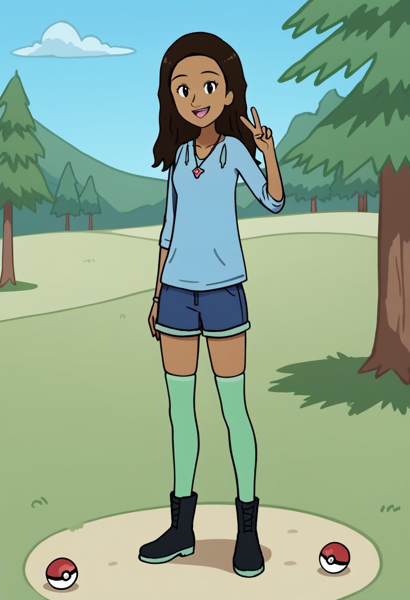 score_9, score_8_up, score_7_up, score_6_up, score_5_up, 
1girl, solo,
SBJennifer, 1girl, brown hair, long hair, dark-skinned female
pokeball necklace, blue shirt, long sleeves, blue shorts, yellow-green thighhighs, black boots, looking at viewer, standing, smile, v sign, BREAK outdoors, day, sunlight, sunbeam, blue sky, tree, black eyes