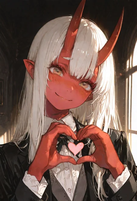 masterpiece, best quality, good quality, newest, highres, absurdres, volumetric lighting,gradient color,
BREAK
raytracing, volumetric lighting, ambient occlusion, girl,
BREAK
Aka-Oni, oni, colored skin, (red skin:1.3), straight horns, solo, long hair, model style,
portrait, head tilt, smile, nervous smile, formal clothes, heart hands,
