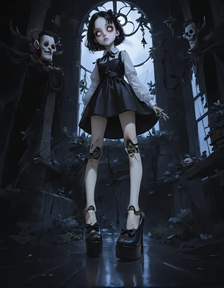 score_9, score_8_up, score_7_up, score_6_up, score_5_up, score_4_up,
1girl, goth, black dress, black hair, 
doll, ball joints, long legs, expressionless, empty eyes, white eyes,
dangling arms, dangling legs, hanging from waist,
indoors, school, 
(from below), (from side:1.25), foot focus,
(wide angle:1.2), (fisheye lens:1.5), (foreshortening:1.3),
night, dark, dark background, Low-key lighting,
light particles,
(r3w1nd heels:1.2), (platform footwear:1.2),
dontstarvestyle, blank eyes,
embedding:zPDXL2 ,