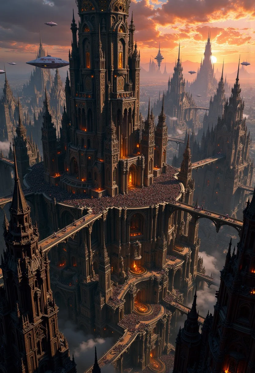 Sharn, the City of Towers, rises dramatically from the landscape, a sprawling metropolis of towering, interconnected spires that stretch high into the clouds. Each tower is a blend of sleek, dark stone and enchanted metals, adorned with glowing magical runes and intricate carvings that reflect the city’s deep history and arcane power. Bridges of various sizes crisscross between towers, creating a web of pathways filled with bustling citizens, exotic traders, and mystical creatures. Airships hover in the air, docking at various levels, their golden lights illuminating the fog that drifts lazily through the upper levels of the city. Below, the lower quarters are cast in shadow, filled with narrow alleyways, hidden bazaars, and flickering torchlight. The skyline is alive with a blend of warm and eerie hues as the sun dips beneath the horizon, casting Sharn in an otherworldly glow. The atmosphere pulses with energy, mystery, and the promise of adventure around every corner in this magnificent, vertical cityscape. masterpiece, maximum image detail, 8K high definition, intricate architecture, magical city, glowing runes, airships, enchanted metal, dense cityscape, vibrant sunset, foggy atmosphere, bridges and pathways, epic fantasy setting, ultra-realistic