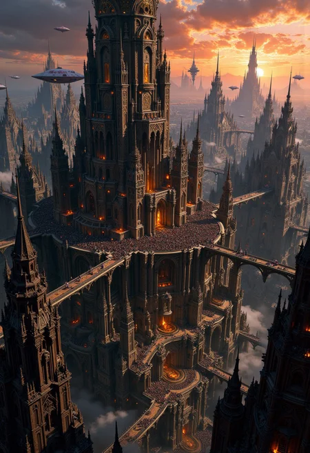 Sharn, the City of Towers, rises dramatically from the landscape, a sprawling metropolis of towering, interconnected spires that stretch high into the clouds. Each tower is a blend of sleek, dark stone and enchanted metals, adorned with glowing magical runes and intricate carvings that reflect the city’s deep history and arcane power. Bridges of various sizes crisscross between towers, creating a web of pathways filled with bustling citizens, exotic traders, and mystical creatures. Airships hover in the air, docking at various levels, their golden lights illuminating the fog that drifts lazily through the upper levels of the city. Below, the lower quarters are cast in shadow, filled with narrow alleyways, hidden bazaars, and flickering torchlight. The skyline is alive with a blend of warm and eerie hues as the sun dips beneath the horizon, casting Sharn in an otherworldly glow. The atmosphere pulses with energy, mystery, and the promise of adventure around every corner in this magnificent, vertical cityscape. masterpiece, maximum image detail, 8K high definition, intricate architecture, magical city, glowing runes, airships, enchanted metal, dense cityscape, vibrant sunset, foggy atmosphere, bridges and pathways, epic fantasy setting, ultra-realistic