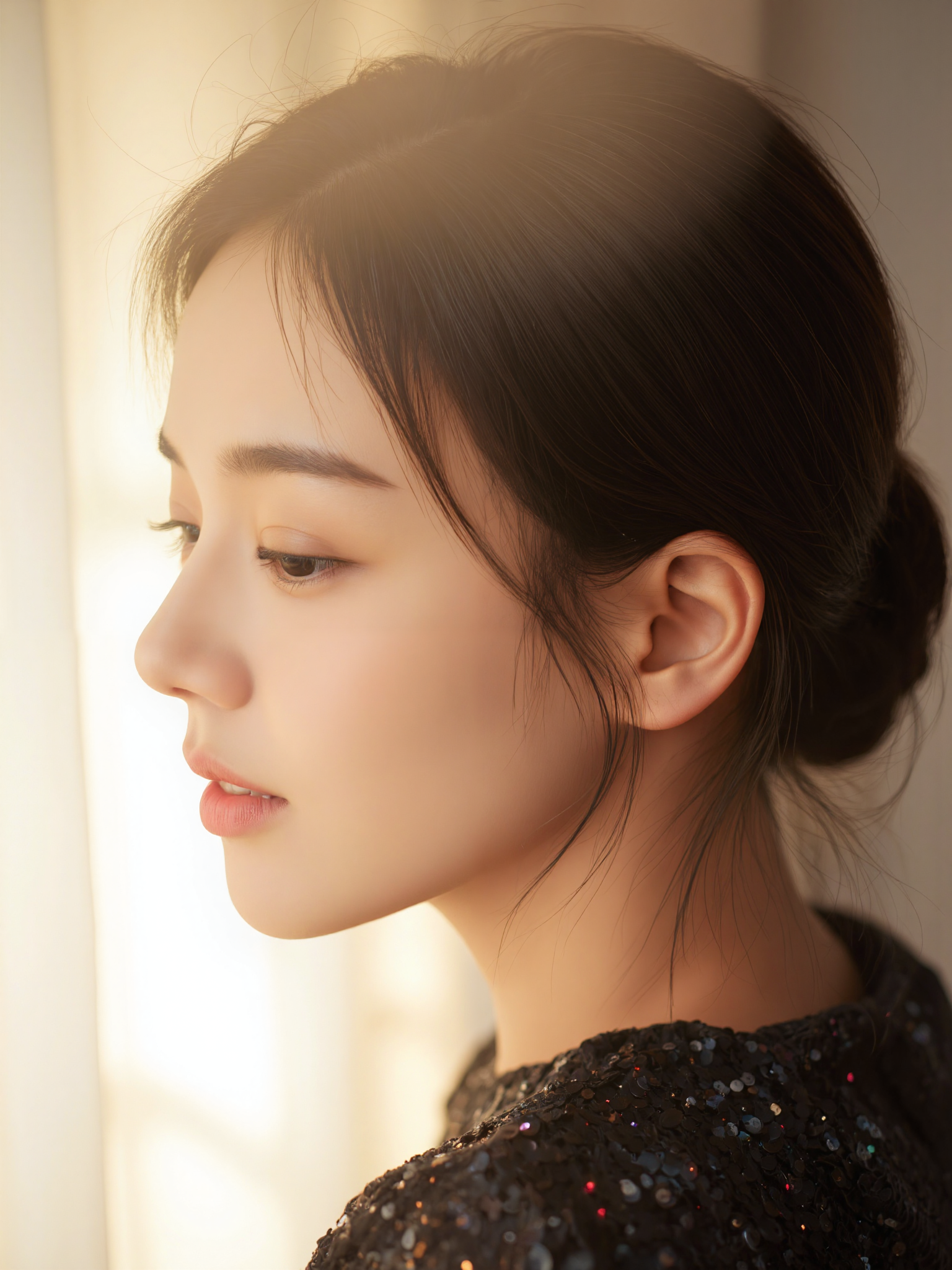 This is a photograph featuring a young Asian woman with fair skin and delicate features, captured in a close-up, three-quarter profile. She has dark, straight hair styled in a loose bun with a few strands framing her face. Her eyes are closed, and her expression is serene. She wears a black sequined top, reflecting light and adding a glamorous touch. The background is blurred, with warm, soft lighting casting a gentle glow on her face, creating a dreamy, ethereal atmosphere. The composition follows the rule of thirds, with her face and shoulder occupying the right and upper thirds of the frame. The image has a shallow depth of field, focusing sharply on her while the background remains softly out of focus. The lighting and color tones evoke a sense of intimacy and tranquility.