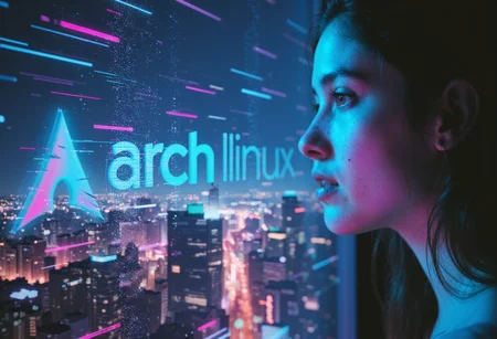 blue arch linux logo projected onto the glass window where a woman is looking out at a futuristic neon sci-fi city landscape cyber city skyline at night. glitched gl1tchc0re archlinuxlogo ck-rw, in the style of ck-rw,