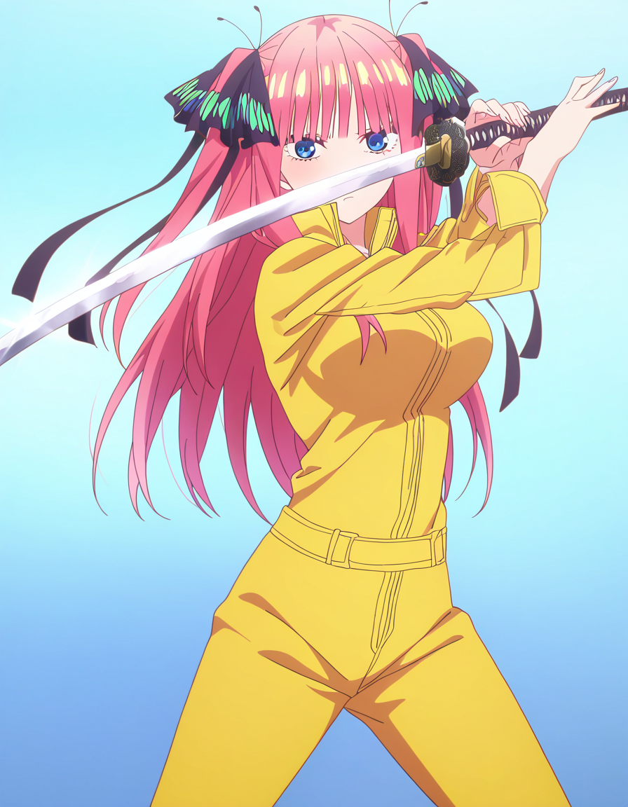 masterpiece, best quality, newest, absurdres, highres, safe,, <lora:nino-nakano-s1-ponyxl-lora-nochekaiser:1>, nino nakano, long hair, bangs, blue eyes, hair ornament, hair ribbon, pink hair, blunt bangs, two side up, butterfly hair ornament, large breasts, anime screencap, <lora:sword-guard-stance-illustriousxl-lora-nochekaiser:1>, sword guard stance, sword, weapon, solo, katana, holding, holding weapon, holding sword, looking at viewer, jumpsuit, yellow jumpsuit, high collar, cowboy shot, pants,, ,