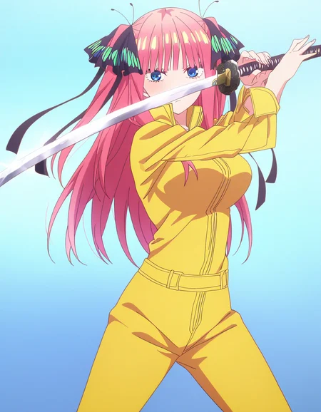 masterpiece, best quality, newest, absurdres, highres, safe,, <lora:nino-nakano-s1-ponyxl-lora-nochekaiser:1>, nino nakano, long hair, bangs, blue eyes, hair ornament, hair ribbon, pink hair, blunt bangs, two side up, butterfly hair ornament, large breasts, anime screencap, <lora:sword-guard-stance-illustriousxl-lora-nochekaiser:1>, sword guard stance, sword, weapon, solo, katana, holding, holding weapon, holding sword, looking at viewer, jumpsuit, yellow jumpsuit, high collar, cowboy shot, pants,, ,