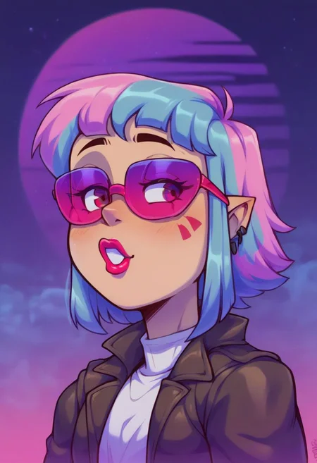 orc female, score_9, score_8_up, score_7_up, BREAK, <lora:balsamique-guy-PONYv1:1>, 1girl, solo, <lora:gwentd-guy-ponyv1:0.9> gwentd, two-tone hair, lipstick, leather jacket, sunglasses, outdoors, city, depth of field, portrait, synthwave, sunset, wireframes, red sun, vaporwave, neon palette, neon lights,claymation