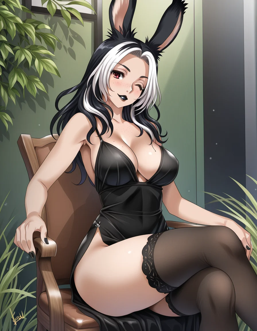 <lora:mitarashi_kousei_Illustrious:1>mitarashi_kousei,
solo, viera, cleavage, freckles, black hair, white highlights, black lipstick, red eyes, high slit dress, thighhighs, sitting, chair, indoors, green walls, leaves, grass, crossed legs, wink