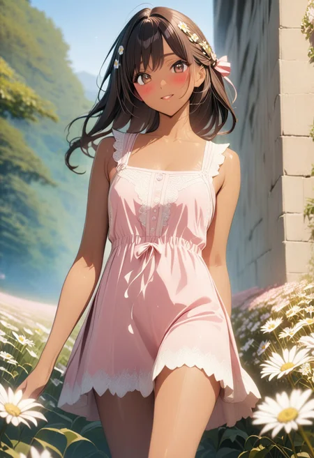 gorgeous lips, cinematic, (masterpiece), (best quality), (ultra-detailed), very aesthetic, illustration, perfect composition, intricate details, absurdres, detailed face, (anime, masterpiece, intricate:1.3), (best quality, hires textures, high detail:1.2), brown eyes,
1girl, brown skin, tan skin, very long black hair, wavy hair,perfecteyes, 8k, highest quality, ultra details,1girl, solo, pink checkered backless sleeveless sundress with a bow, white knee height boots, pink hair ribbon, standing, surrounded by daisies, legs crossed, leaning against a wall of pink daisies, daisies entire background, facing viewer, spring season, cinematic lighting, hair blowing in the wind, dress blowing in the wind, playing with hair, blush, cute smile, head tilt, happy, holding a flower,daisy in hair, daisies cover the entire ground, flower petals blowing in the wind, from the front, photoshoot, cowboy shot,