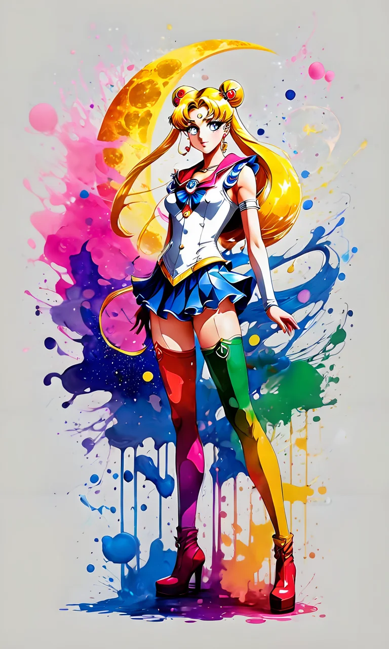 sailor moon standing, paintsplashsdxl, <lora:paintsplashsdxl:1>, vibrant color, best quality, masterpiece,