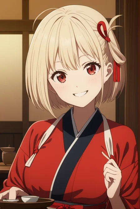 masterpiece, best quality, highres, 4k, 8k, intricate detail, cinematic lighting, amazing quality, amazing shading, soft lighting, Detailed Illustration, anime style,
chisatonishikigi, <lora:chisato-nishikigi-s1-sdxl-lora-nochekaiser:0.75>,
chisato nishikigi, short hair, bangs, blonde hair, red eyes, hair ribbon, one side up, bob cut, smile,
japanese clothes, kimono, apron, red ribbon, waitress, red kimono,
indoors, restaurant, tea, chair, table, tea house,
looking at viewer, full body,