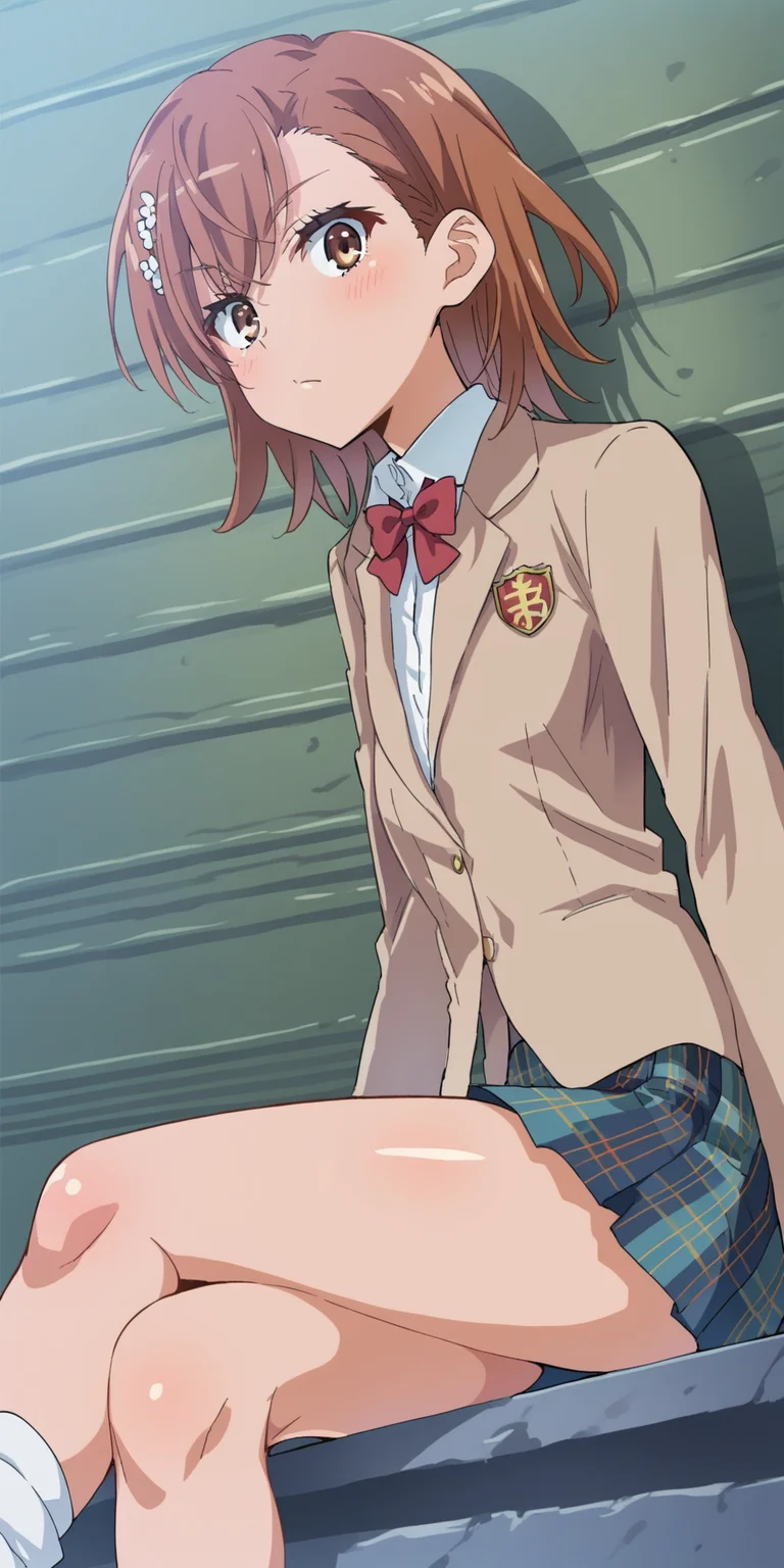 score_9, score_8_up, score_7_up, score_6_up, source_anime, intricate details, mikoto misaka, <lora:Mikoto_Misaka:1>, tokiwadai uniform, plaid skirt, multicolored skirt, hair ornament, blazer, red bow, brown eyes, brown hair, short hair, looking at viewer, official artstyle, pov, from side, sitting, inside, legs crossed