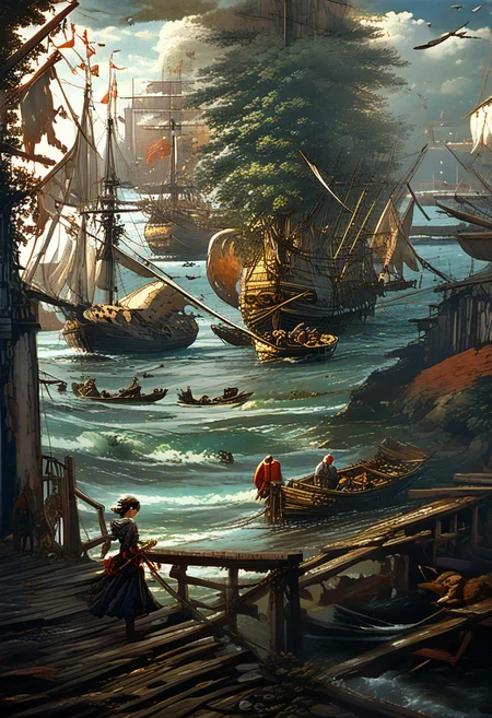 <lora:paulbril_pony_v1:0.9> by bril paul in, marina \(genre\),baroque \(style\), score_9, score_8_up, score_7_up, score_6_up, source_anime, <lora:Worldly_XL:1> Port1660mb, outdoors, ocean, sailing ship, pier, ship, watercraft, Bird, 1girl, sitting, wooden dock, wooden warf, instrument, solo, solo focused, Kikuchi Makoto sitting on the edge of dock playing saxophone, playing instrument, <lora:Sheeps_Saxophone:0.8> SH_S4X, <lora:KikuchiMakoto_pony_v1:0.9> kkcmkt, short hair, black hair, antenna hair, hair between eyes, black eyes, flat chest, small breasts, historical male suit, cloak, boots, feathered hat, <lora:loraeyesxl:0.4>