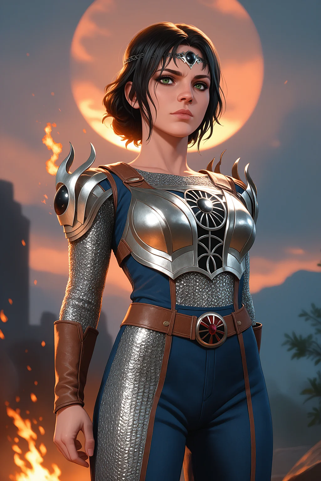cl3r1c, score_9, score_8_up, score_7_up, 1girl, highly detailed, jean_grey, marvel, red_hair, green_eyes, portrait, arm behind back, burning sun, heatwaves, manga, <lora:5h4rt:1.0>