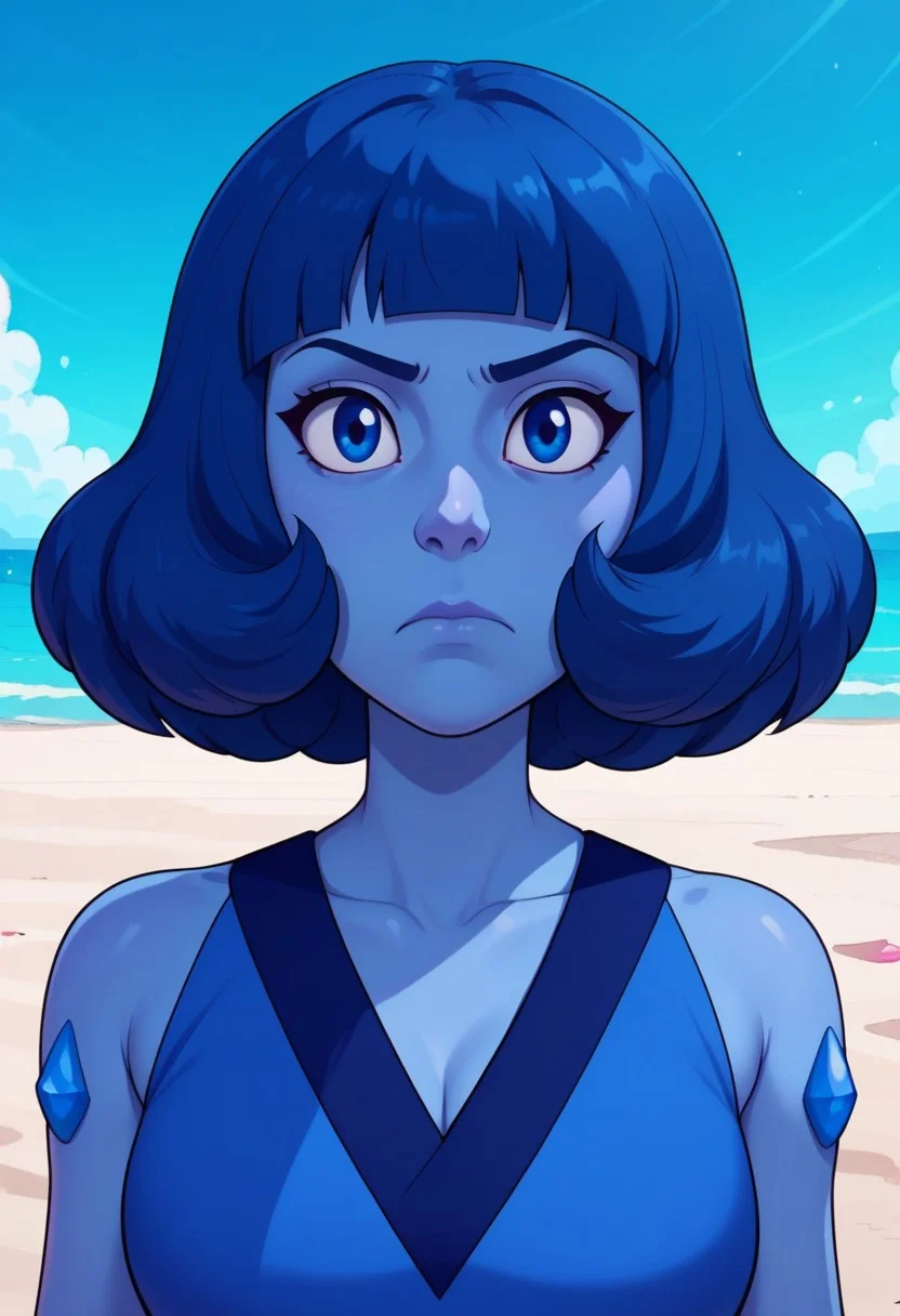 ((beach background)),score_9, score_8_up, score_7_up,score_6_up, 
1girl, Solo, MeanLapis_SUF, light azure skin, dark blue eyes, medium-blue hair, short hair, hairstyle soft wavy bob, flat bangs, gemstone on her left shoulder, blue top with dark blue details, long blue skirt, barefoot, big eyes, tall stature, serious, perfect eyes, looking at the viewer, big breasts, detailed eyes, perfect eyes, cute, standing, (front view,bust shot,close up to face,face portrait:1)
