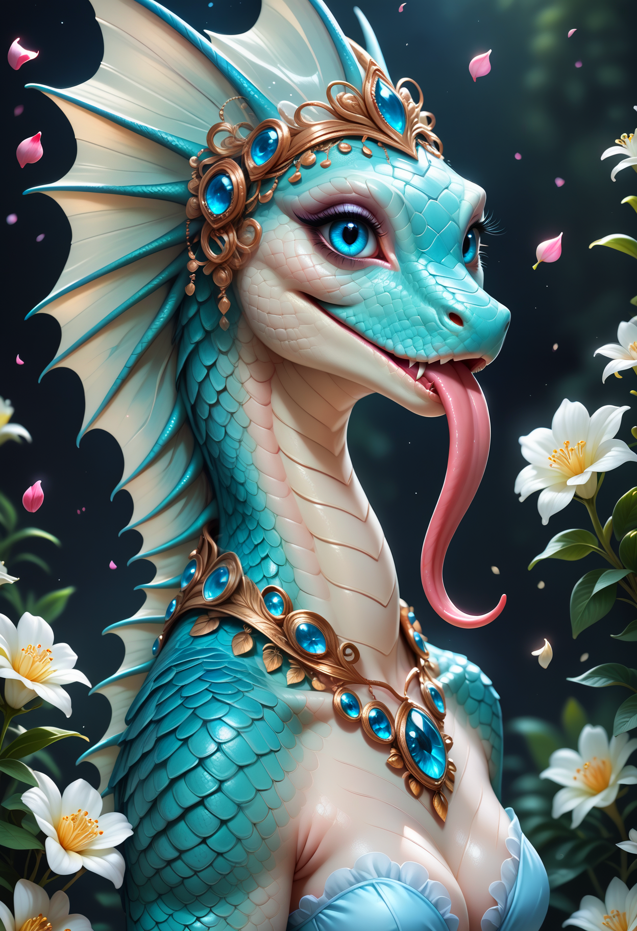 score_9, score_8_up, score_7_up, score_6_up, score_5_up, score_4_up, extremely detailed, furry, beautiful lizard woman, scales, head fin, long tongue, realistic, extremely detailed, beautiful icy blue eyes, long eyelashes, color intricate scales, beautiful lush garden background, night sky, dark shadows, jeweled necklace, wearing a petal gown