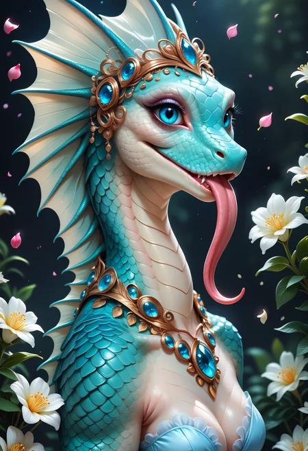 score_9, score_8_up, score_7_up, score_6_up, score_5_up, score_4_up, extremely detailed, furry, beautiful lizard woman, scales, head fin, long tongue, realistic, extremely detailed, beautiful icy blue eyes, long eyelashes, color intricate scales, beautiful lush garden background, night sky, dark shadows, jeweled necklace, wearing a petal gown
