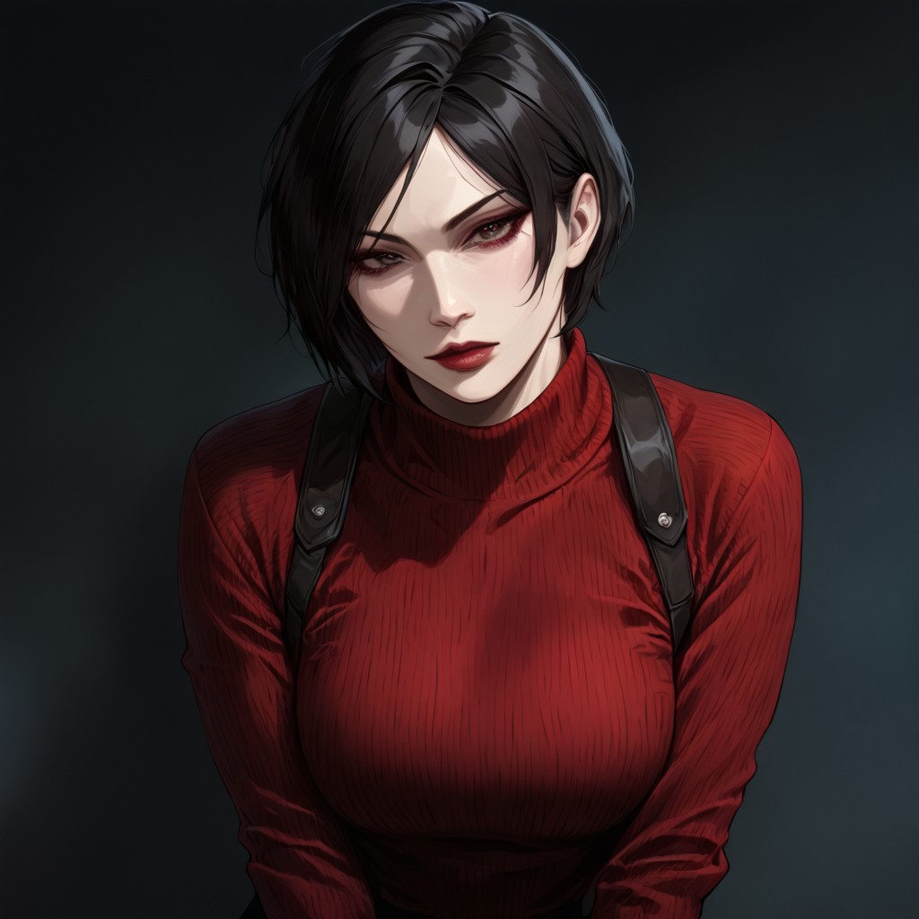 masterpiece, best quality, newest, absurdres, highres, DFAV1.5, 
1girl, Ada_wong, \(resident evil\), asian, asian female, short hair, black hair, sweater, red sweater,