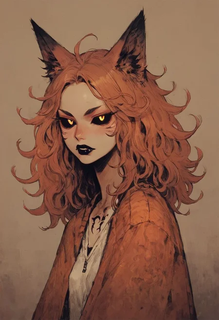 ((score_9, score_8_up, score_7_up)), 1girl, mature, fox girl, fox ears, fox tail, glowing_yellow_eyes, black sclera, scaly skin, (white_skin), blank expression, small breasts, black tattoos, sharp teeth, black lips, sharp nails, long hair, solo