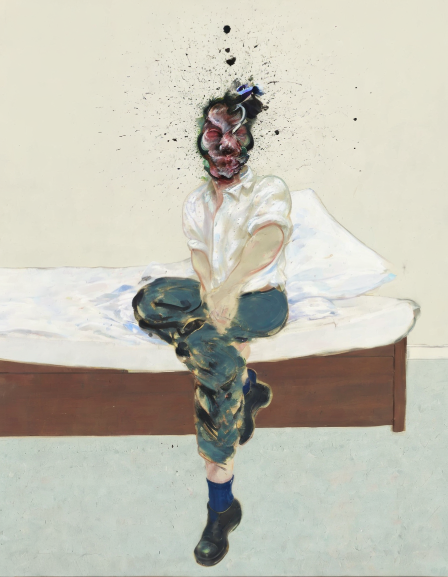 <lora:fbac:0.8>fbac, man with distorted face sitting on bed in front of line cube with black ink splatter spray
