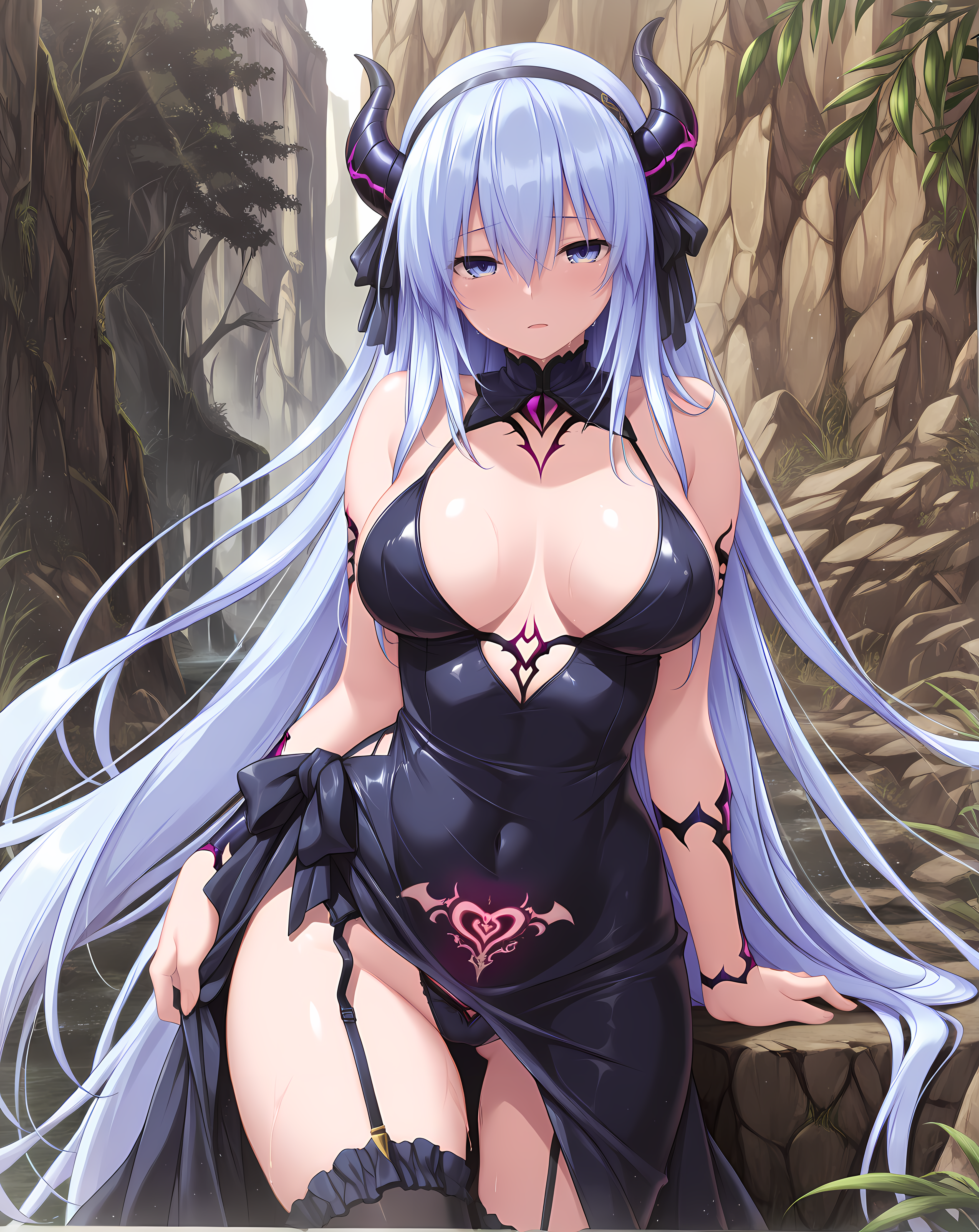 <lora:Mehisha:0.85>,mehisha,large breasts,very long hair,blue hair,blue eyes,hair between eyes,demon girl,corruption,pubic tattoo,cocktail dress,garter straps,thighhighs,outdoors,solo,, masterpiece,best quality,amazing quality, very aesthetic, absurdres,detailed eyes,ultra-detailed,