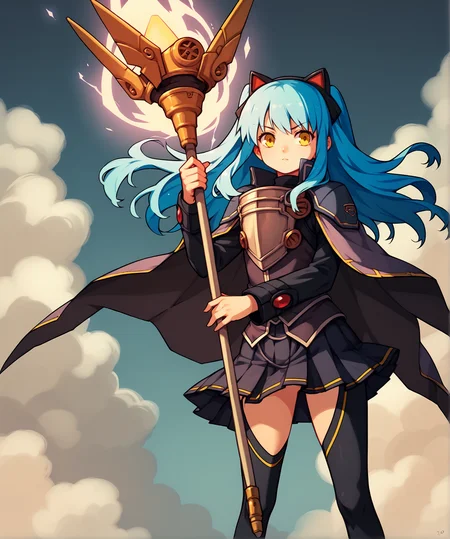 score_9, score_8_up, score_7_up, score_6_up, score_5_up, score_4_up, BREAK, solo, staff, aura,
<lora:tio1-000018:0.9>, tioplato, long hair, blue hair, yellow eyes, tiozero, fake animal ears, skirt, cape, armor, thighhighs,