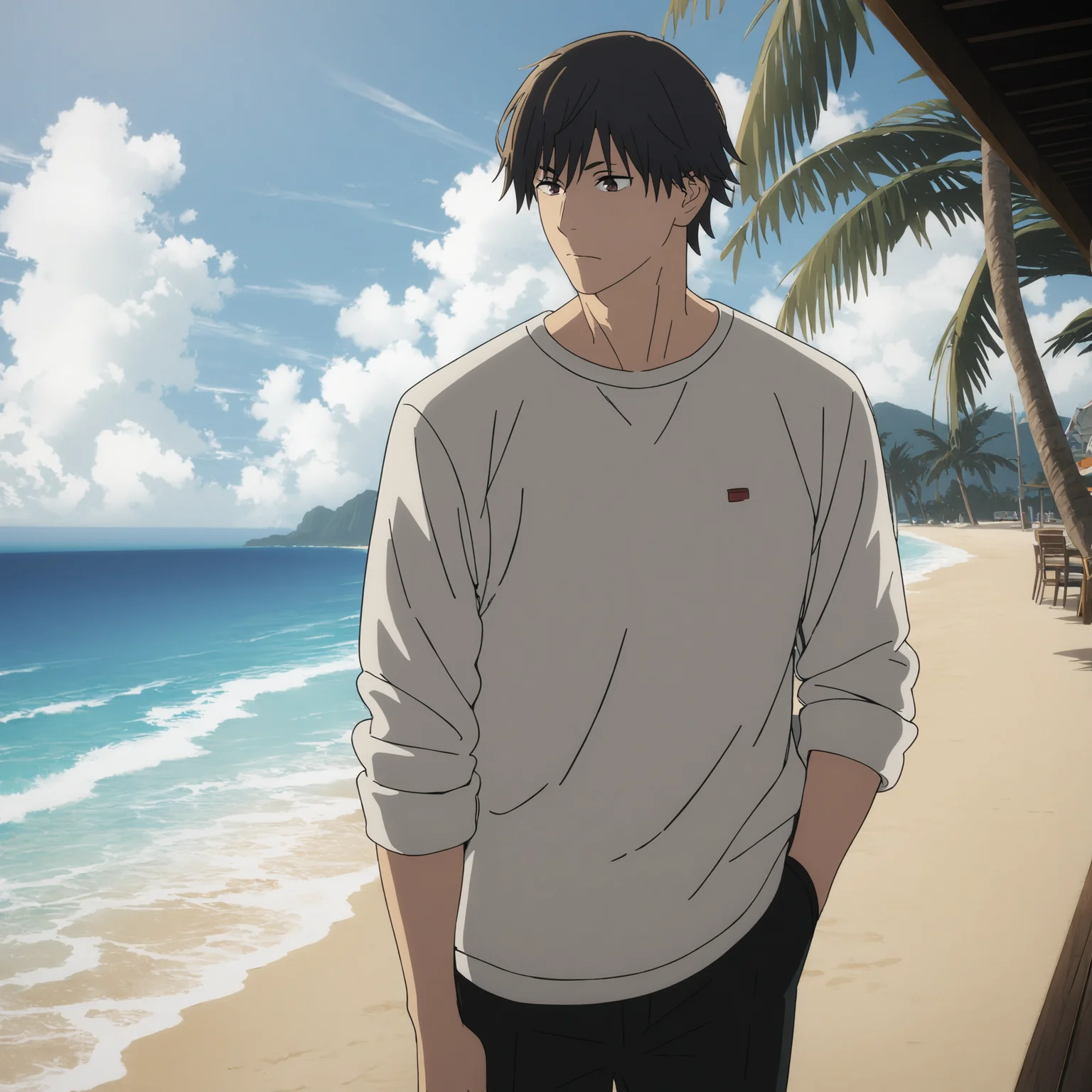 masterpiece, high-resolution, beach, bloom, 1 boy, white shirt, casual clothing, palm trees, ocean, bar, csm art-style, <lora:csm-artstyle:0.7>