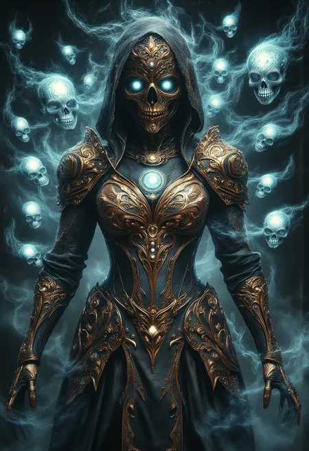 masterpiece, best quality, highres, realistic, best quality,
score_9, score_8_up, score_7_up,
Detailed. Full body art.
Ghostly skeleton woman. Golden armor with detailed complex decorations. shining eyes. floating translucent skeletons. at night. starry sky. moon. eerie atmosphere. skelet0n, Ghostlystyle, hkmagic, aidmamj6.1, ArsMJStyle, Rococo Steampunk