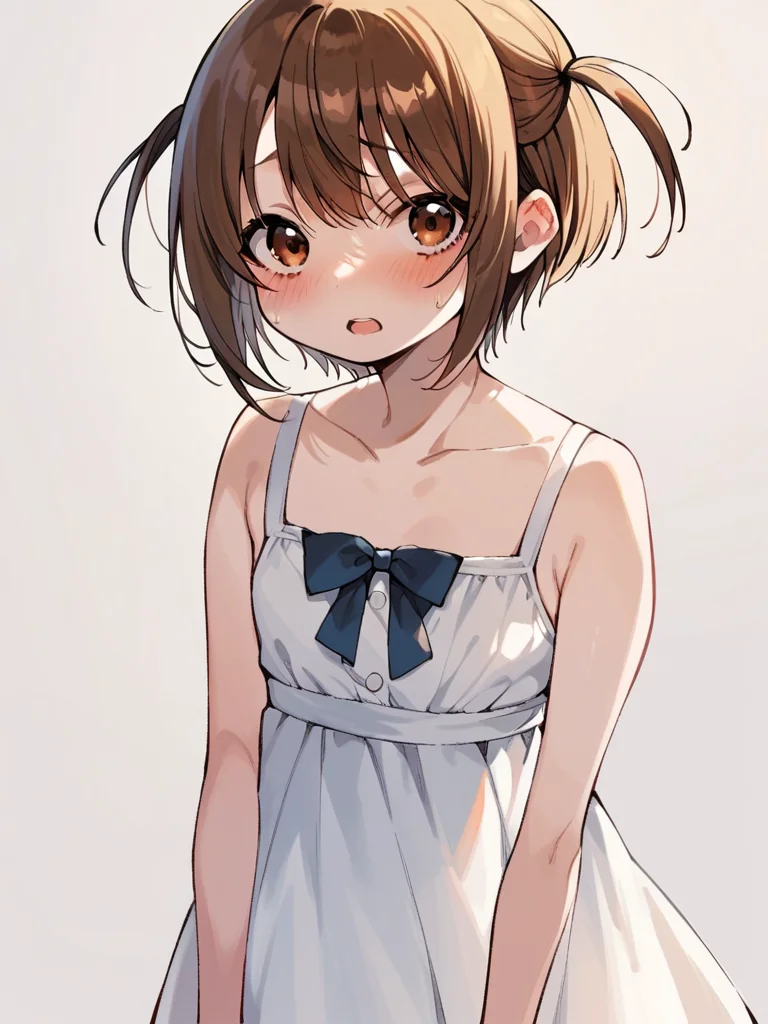 score_9, score_8_up, score_7_up,
1girl, otsuki mikako, medium hair, brown hair, two side up, flat chest, brown eyes,
white dress, sundress, bow, standing, blush, open mouth, shy, looking at viewer, simple background,