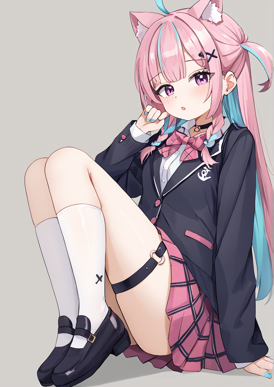 1girl, minato aqua, minato aqua (school uniform), huge breast, :o, ahoge, anchor print, animal ear legwear, black choker, black footwear, black jacket, blazer, blue hair, blue nails, blunt bangs, blush, bow, bowtie, braid, cat ear legwear, cat hair ornament, cat o-ring, choker, colored inner hair, foreshortening, french braid, frilled skirt, frills, grey background, hair ornament, hairclip, hand on own cheek, hand on own face, hand up, jacket, long hair, looking at viewer, mary janes, miniskirt, multicolored hair, nail polish, o-ring, o-ring choker, official alternate costume, official alternate hair length, official alternate hairstyle, parted lips, pink bow, pink bowtie, pink hair, pink skirt, pink sweater, plaid, plaid bow, plaid bowtie, plaid skirt, pleated skirt, purple eyes, school uniform, shirt, shoes, skirt, solo, streaked hair, sweater, thigh strap, thighhighs, twin braids, two-tone hair, two side up, peace sign, white shirt, white thighhighs, x hair ornament,zPDXL3,handfixer <lora:hgihstar25671:0.8> <lora:HandFixer_pdxl_Incrs_v1:1>