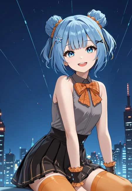 1girl, solo, solo focus, highres, absurdres, Bippa2nd, orange thighhighs, blue eyes, blue hair, hair ornament, bare shoulders, black skirt, grey shirt, orange bow, bangs, double bun, hair bun, wrist cuffs, hairclip, sleeveless shirt, plaid bow, pleated skirt, short hair, two side up,
looking at viewer, smile, open mouth, sitting, from side,
cityscape, neon lights, night, night sky, backlighting,
