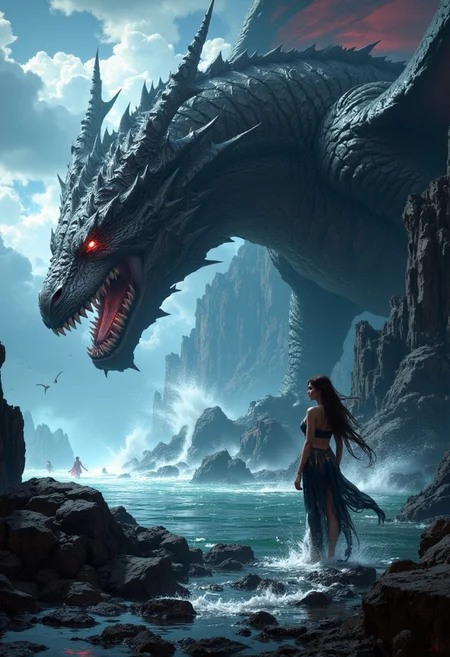 Hyper-realistic and meticulously intricate, a highly dynamic cinematic panorama encapsulates a captivating scene: a resplendent young woman, waist-deep in the aqueous depths, stands adjacent to a colossal draconian entity. The tableau exudes an ethereal ambiance, characterized by an interplay of fantasy aesthetics, augmented by the magewave style, captured with the precision of Ferrania P30. The visual spectrum is imbued with Bisque and Blush Magenta hues, enveloped in atmospheric haze, and presented in a grand, zoomed-out panoramic view, richly detailed and suffused with cinematic gravitas. dramatic lighting, MythP0rt
<lora:FredFraiStyle-FLUX-Share:0.5> <lora:FluxMythP0rtr4itStyle:0.7> <lora:dark_fantasy_flux:0.9>