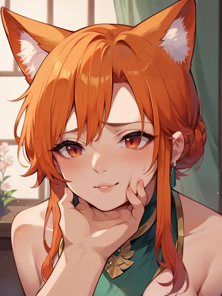 score_9, score_8_up, score_7_up, score_6_up, score_5_up, <lora:gr4bch1nXLP:1> pov, gr4bch1n, grabbing anothers chin, hand on another's chin, fox ears, 1girl, closed mouth, blush, ginger