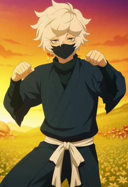 masterpiece, best quality, intricate details, anime screencap, anime coloring, official style, looking at viewer, 1boy, solo, male focus, <lora:gabimaru_jigokuraku_ilxl:1>, gabimaru_jigokuraku, white hair, yellow eyes, hair between eyes, short hair, messy hair, , mouth mask, fairy grove, flower rings, light motes, mushroom circles, dancing pose, joyful expression, twilight,