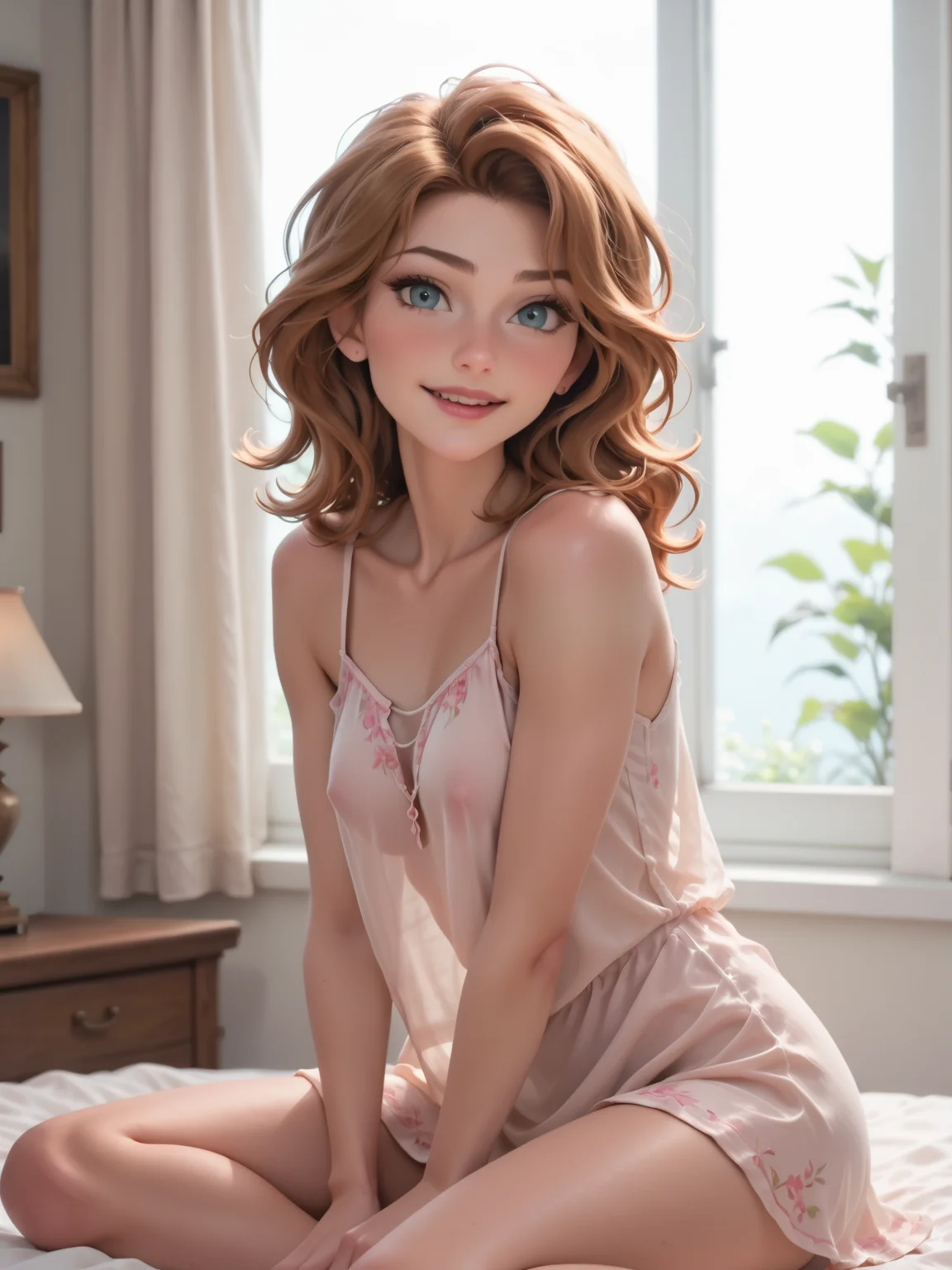 disney pixar style score_9, score_8_up, score_7_up, 1girl, solo, Warm red hair, Flowing waves with a lace headband, Lie on the stomach with legs extended and crossed at the ankles, chin resting on crossed arms., seductive smile, <lora:wtsstadamit-000007:1> wtsstadamit, see-through dress, backlighting, Sunset Coral sundress, covered nipples, an artistic photo shoot, with creative backdrops, stylish props, professional lighting, contemporary furniture, chic seating