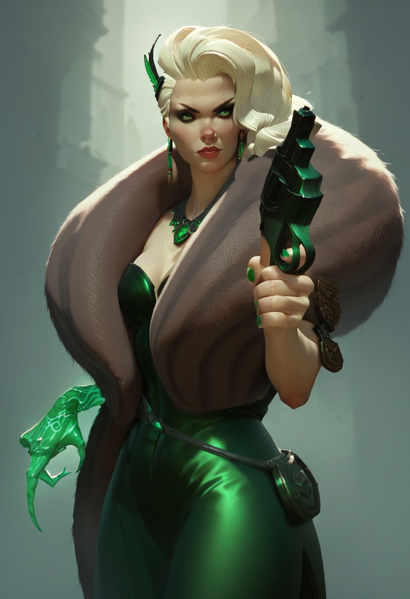 score_9, score_8_up, score_7_up, masterpiece, 1girl, solo, lady geist, 1girl,green eyes female focus, long green dress, fishnets, fur scarf, pistol, green ghost arm
