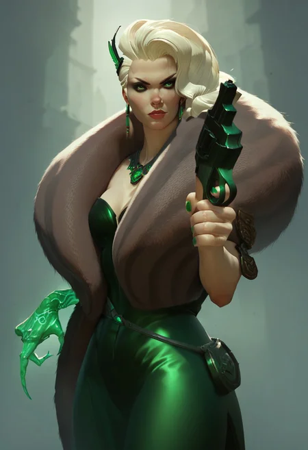 score_9, score_8_up, score_7_up, masterpiece, 1girl, solo, lady geist, 1girl,green eyes female focus, long green dress, fishnets, fur scarf, pistol, green ghost arm