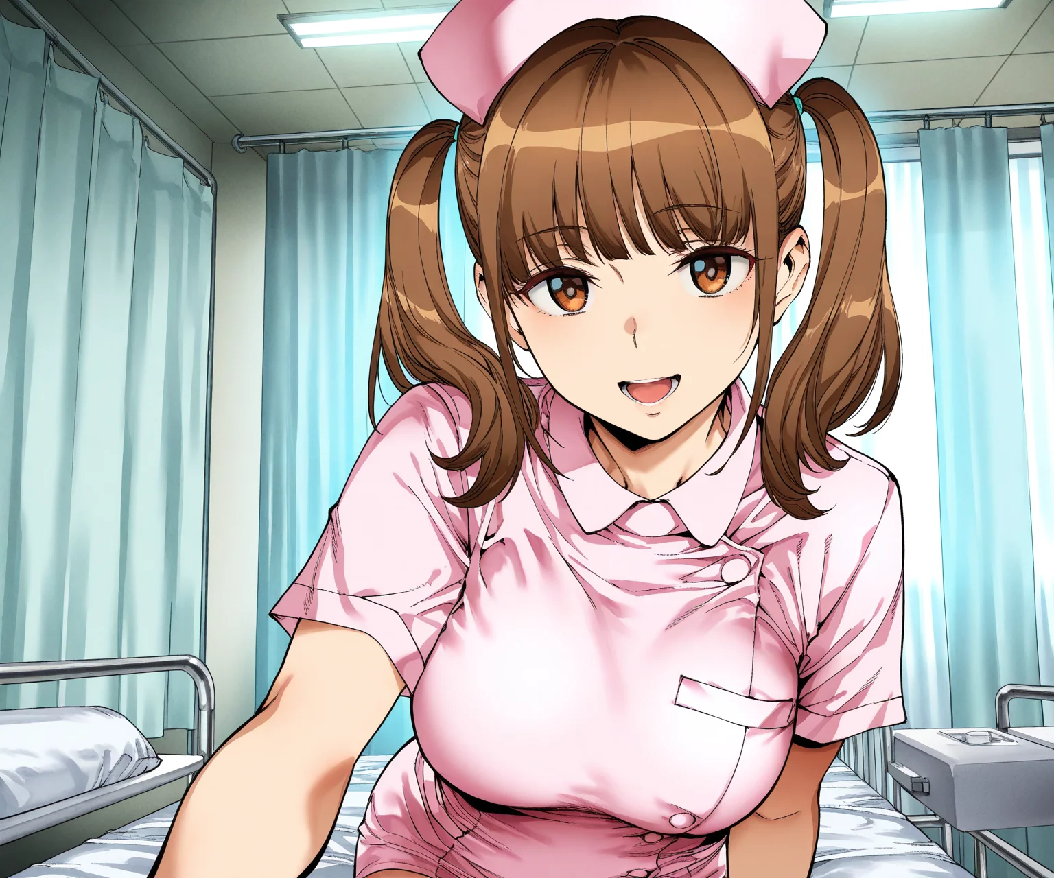 masterpiece, best quality, amazing quality, sfw, 1girl, solo, medium hair, hospital, twintails, nurse, nurse cap, smile, open mouth, looking at viewer, <lora:Ashiomi Masato style ILL-v2:1> ashiomimasato