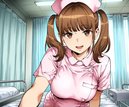 masterpiece, best quality, amazing quality, sfw, 1girl, solo, medium hair, hospital, twintails, nurse, nurse cap, smile, open mouth, looking at viewer, <lora:Ashiomi Masato style ILL-v2:1> ashiomimasato