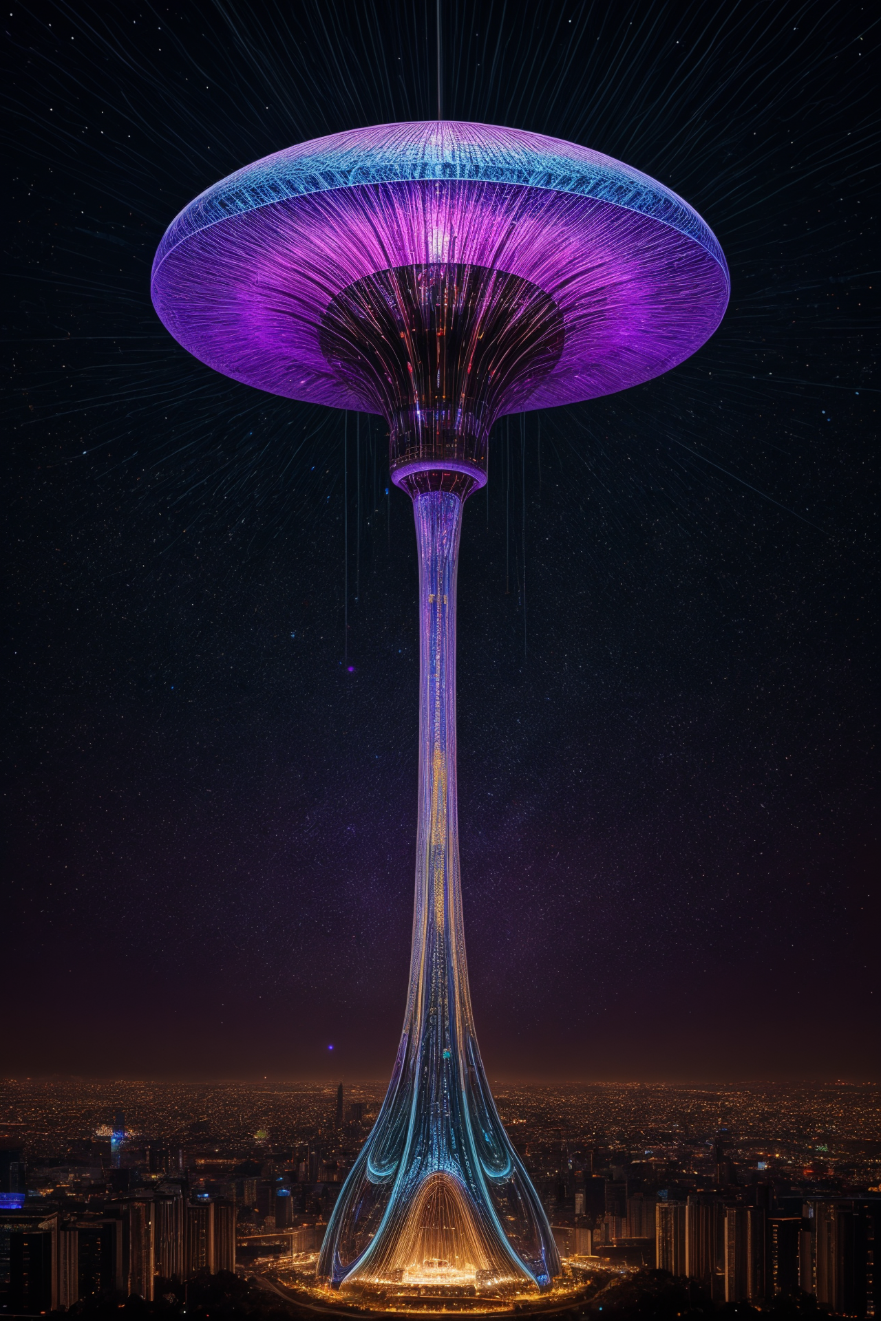 realistic,best quality,
a giant delicate mushroom space elevator made of opal above a futuristic city center,integrated computer circuitry in stem,ray tracing,glowing light particles,the early morning light,adorned with glistening techno dewdrops. in the background beautiful futuristic rave party,divine iridescent glowing,opalescent textures,volumetric light,ethereal,sparkling,light inside body,bioluminescence,highly detailed,sharp focus,<lora:add_detail:1>,cyber punk,psychedelic,gemtech,emerald,<lora:ral-colorswirl-sd15:0.5>,ral-colorswirl,<lora:DETAIL_SLIDER_BY_STABLE_YOGI:0.8>,<lora:Psykadelicwoxel3d:0.8>,psykadelicwoxel3d,made of voxels,